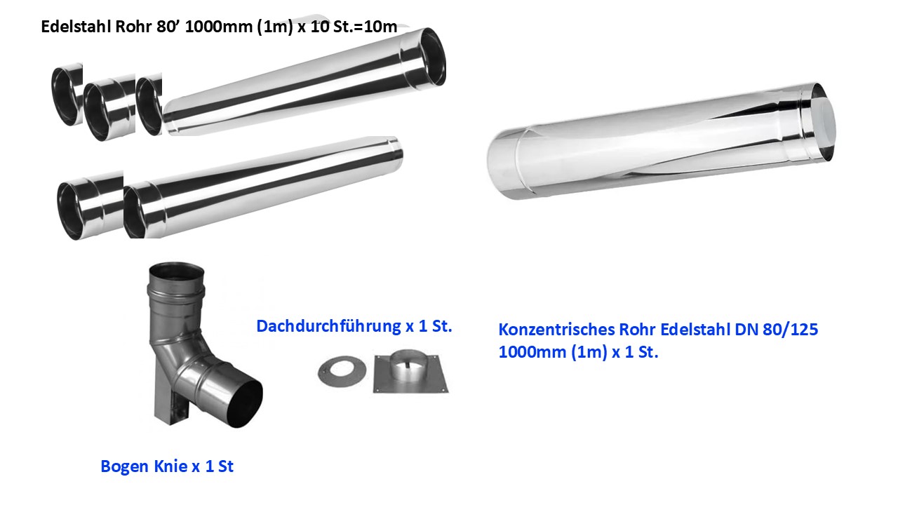 Abgassystem Edelstahl 10m Abgasrohr 80′ Dachdurchführung konzentrisches Rohr Bogen Knie