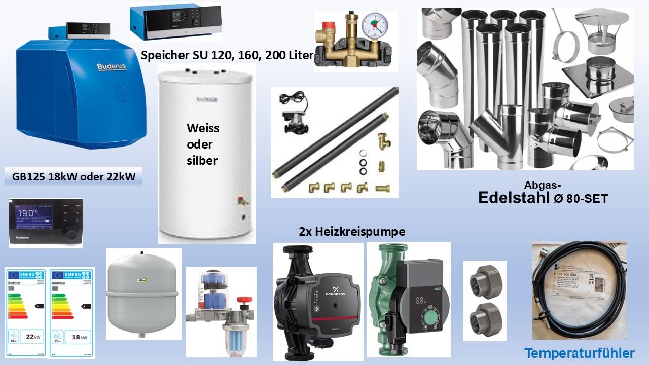 Paket Buderus Öl Brennwert Kessel GB125 18kW+Warmwasserspeicher SU120-200