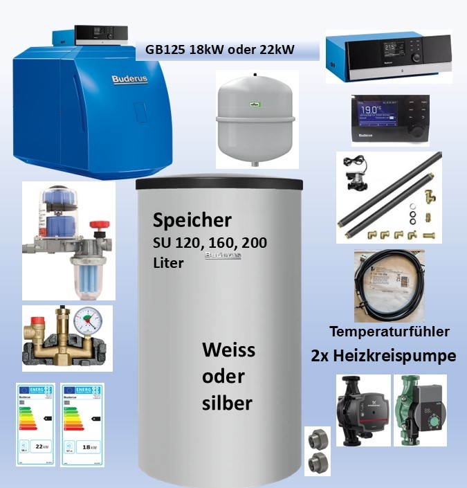 Paket Buderus Öl Brennwert Kessel GB125 18kW+Warmwasserspeicher SU120-200