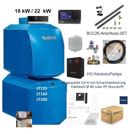 Buderus Paket Ölbrennwert Kessel GB125-18 bis 22 kw + Speicher LT 135-200+Abgassystem Edelstahl oder PP